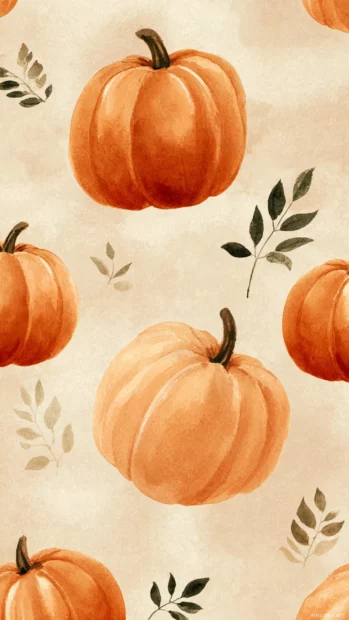 Watercolor pumpkin wallpaper blending soft orange pumpkins with gentle brushstrokes and subtle leaf silhouettes.