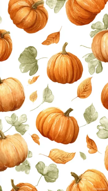 Watercolor pumpkin wallpaper showing delicate hand painted pumpkins with autumn leaves scattered randomly for artistic charm.