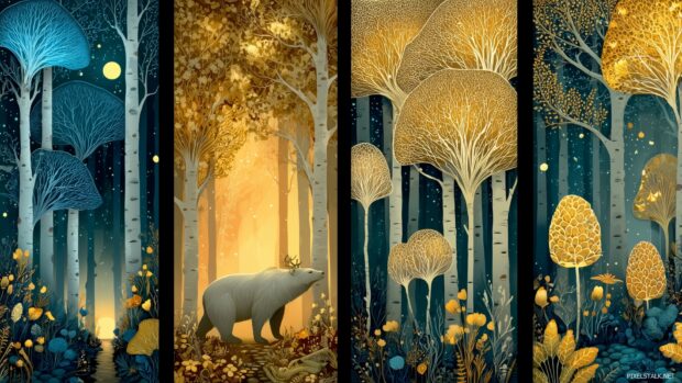 Whimsical birch tree backgrounds in a fantasy forest filled with mythical creatures.