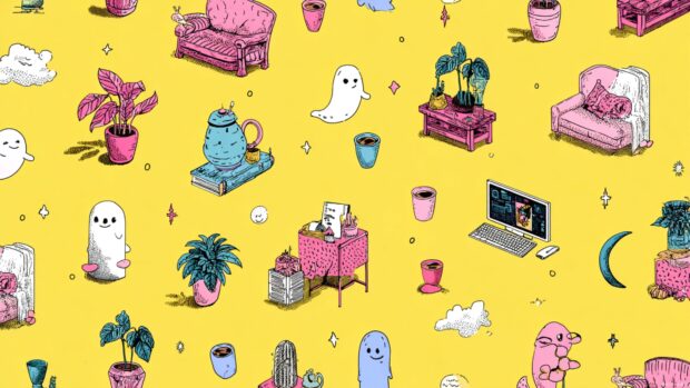 Whimsical blank wallpaper that combines cheerful colors and fun illustrations for a lively desktop setup.