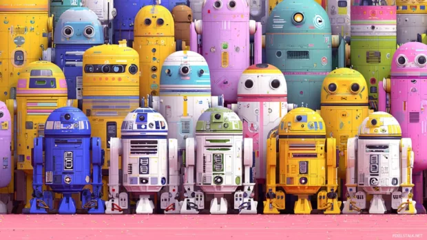 Whimsical droid parade set against a vibrant star wars.