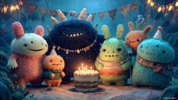 Whimsical happy birthday wallpaper hd showcasing playful characters in a magical setting.