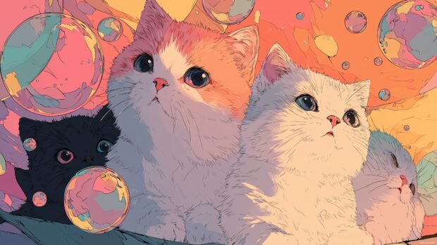Whimsical kawaii cat anime wallpaper featuring playful kittens in a colorful setting.