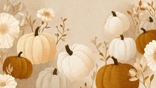 Whimsical pumpkin layout with neutral beige tones and faded floral details for desktop background.