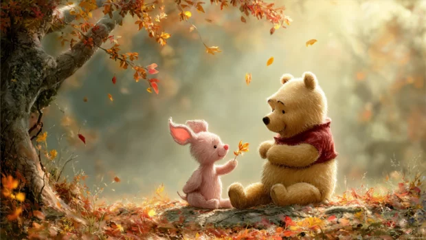 Winnie the Pooh autumn wallpaper rendering Pooh and Piglet sharing honey amid falling leaves and gentle sunlight.