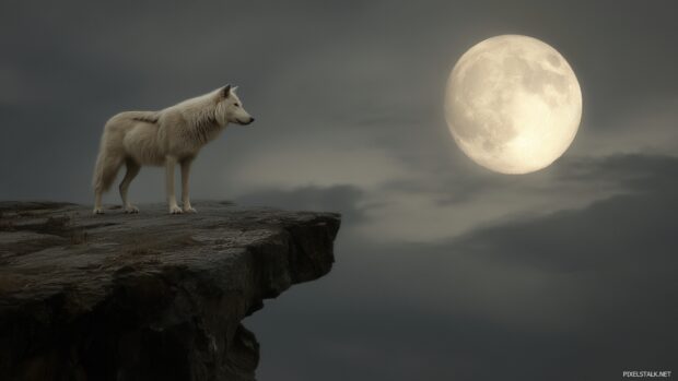 Wolf HD desktop wallpapers featuring a majestic wolf standing on a cliff under a full moon.