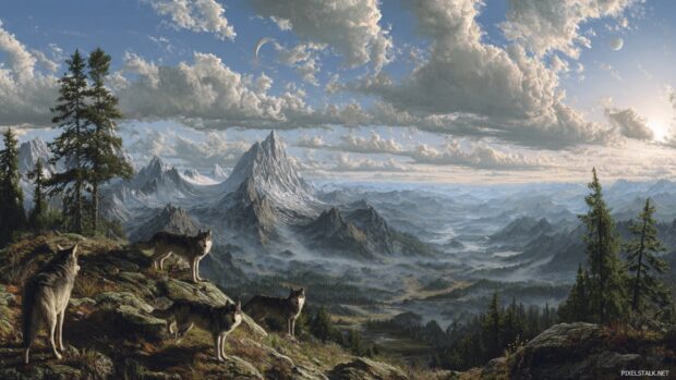 Wolf landscape wallpaper hd showing an expansive vista with wolves in their environment.
