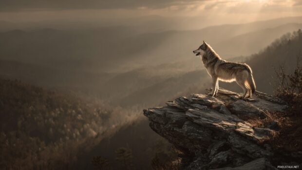Wolf wallpaper hd 4k presenting a dramatic scene of a wolf standing on a cliff.