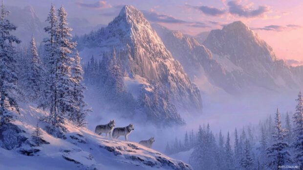 Wolf wallpaper hd desktop decorated with a beautiful snowy mountain backdrop and wolves.