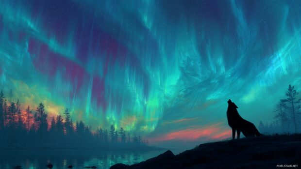 Wolf wallpaper hd download with vibrant colors of an aurora borealis in the sky.