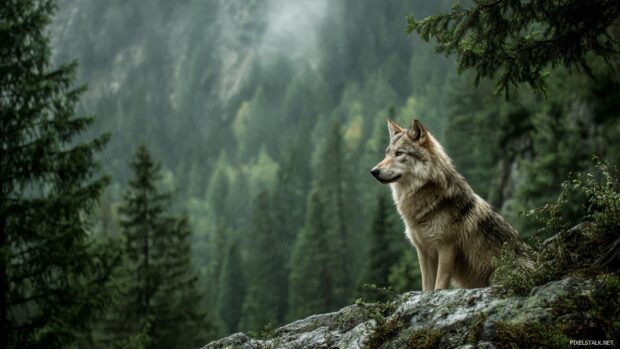 Wolf wallpaper hd nature with lush forests and mountains in the background.