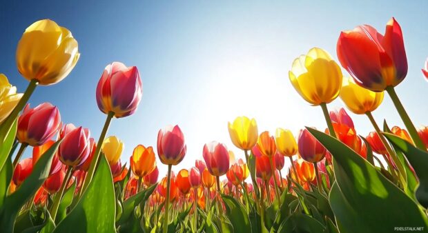 Wonderful tulip field wallpaper with rows of vibrant tulips stretching as far as the eye can see, under a clear blue sky.