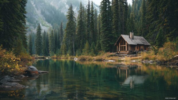 Wood cabin wallpapers, A classic wood cabin standing on the edge of a tranquil lake surrounded by pine trees.