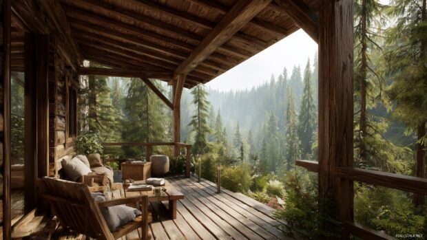 Wood cabin wallpapers, A cozy wood cabin with a wooden deck overlooking a serene forest vista.