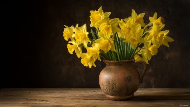 Yellow daffodil wallpaper, A stunning arrangement of yellow daffodils in a rustic vase on a wooden table, radiating warmth and charm.