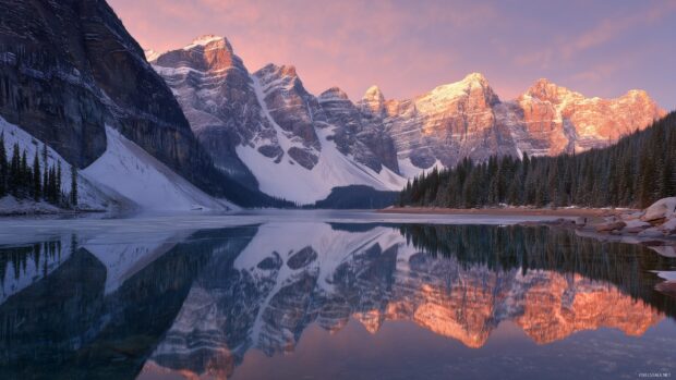 1440p breathtaking images, Majestic snow capped mountains reflected in a serene lake at sunrise.