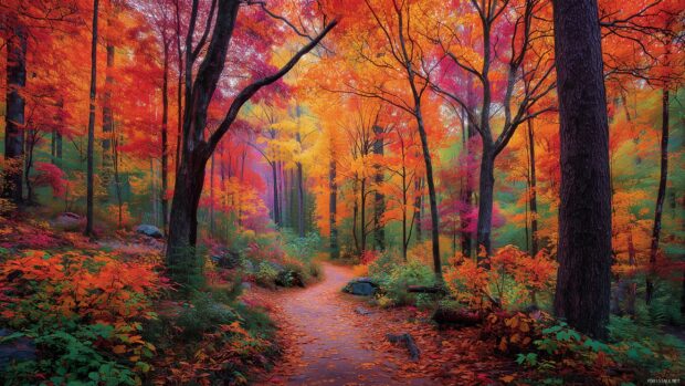 1440p breathtaking scenery images, Panoramic view of a vibrant autumn forest with a winding path leading through the trees.
