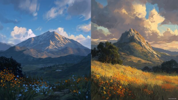 1440p images of mountains, Distant mountain range with dramatic shadows and vibrant wildflower fields in the foreground.