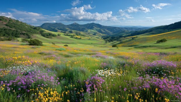 1440p landscape backgrounds, Vast rolling hills covered with vibrant wildflowers under a bright blue sky.