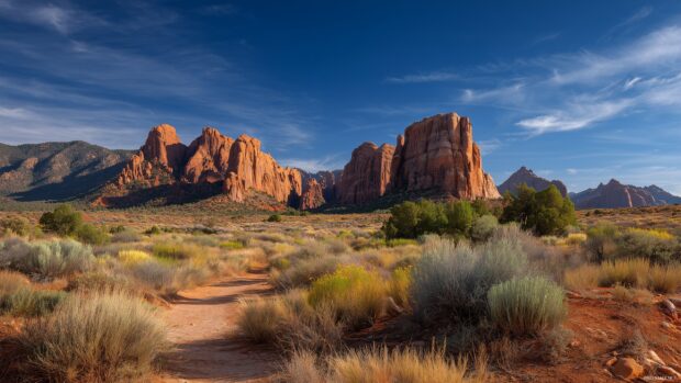 1440p landscape images, Enchanting desert landscape with towering red rock formations under a deep blue sky.