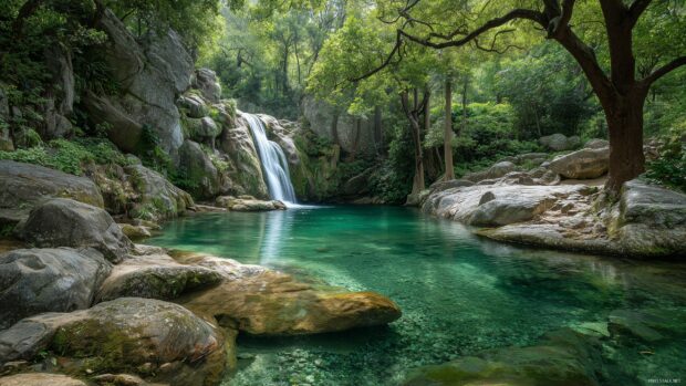 1440p nature wallpapers, A hidden waterfall cascading into a crystal clear pool surrounded by lush greenery.