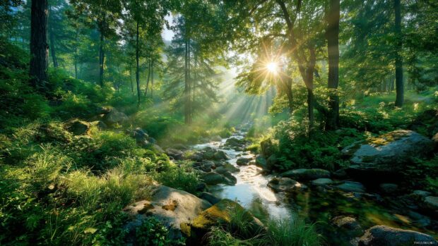1440p nature wallpapers, Lush green forest with sunbeams breaking through the leaves and a gentle stream flowing through the landscape.