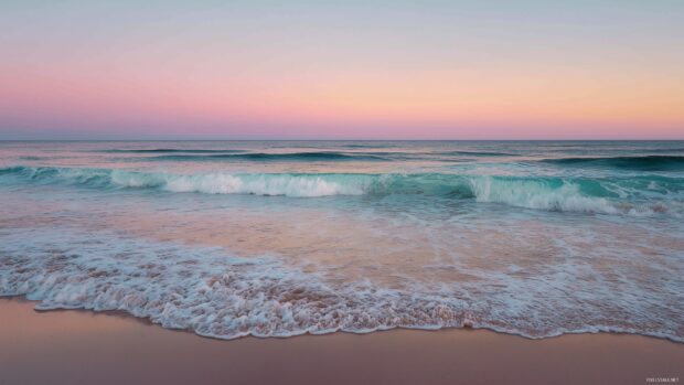 1440p ocean views images, Calm beach at dusk with soft waves lapping at the shore and a pastel sky.