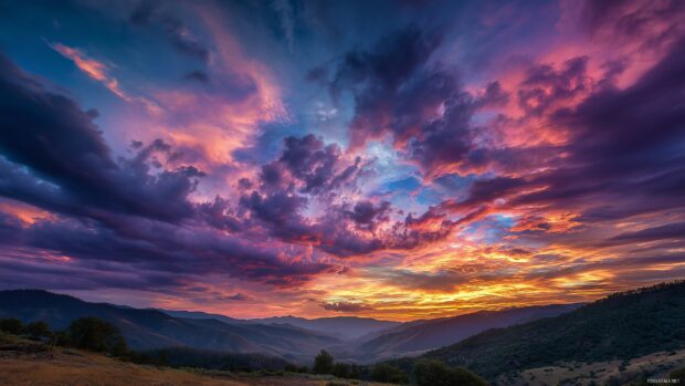 1440p sky wallpapers, A dramatic sunset with colorful clouds spreading across the horizon over a tranquil valley.