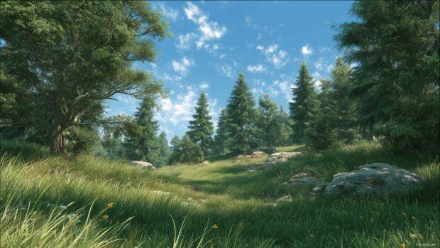 1440p tranquil outdoors, Peaceful meadow surrounded by tall trees with a gentle breeze stirring the grass.