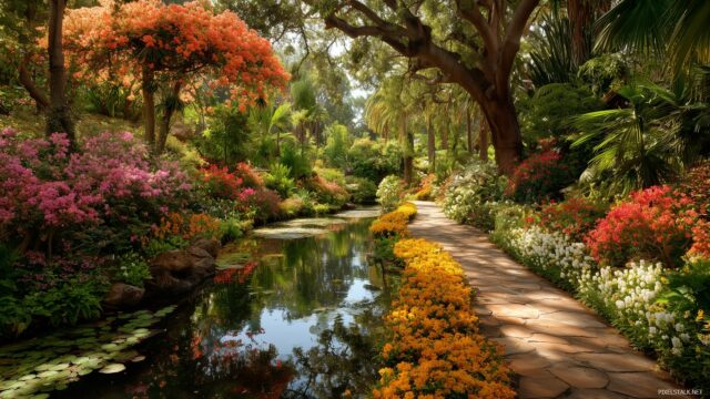 1920x1080 HD wallpaper botanical scenery, an enchanting botanical garden with exotic plants and colorful blossoms.