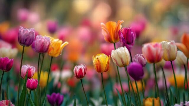1920x1080 HD wallpaper flowers backgrounds, a vibrant garden filled with colorful tulips swaying in the breeze.