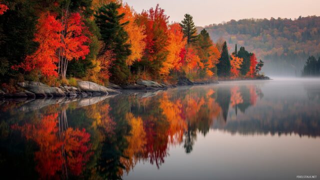 1920x1080 HD wallpaper natural beauty, a tranquil lake reflecting autumn foliage with golden and red leaves.