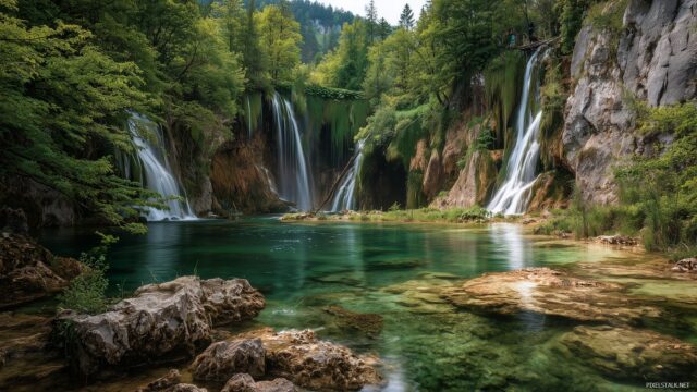 1920x1080 HD wallpaper nature landscape, majestic waterfalls cascading down rocky cliffs surrounded by lush greenery.
