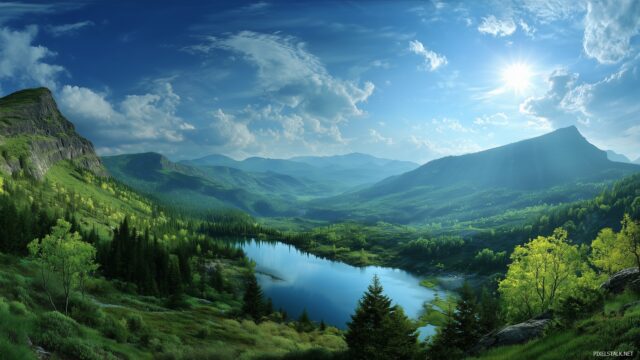 1920x1080 HD wallpaper nature landscape, serene mountains under a bright blue sky with vibrant green trees.