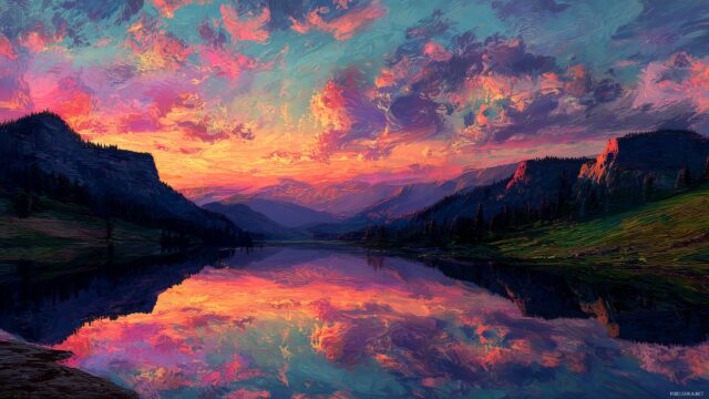 2560 X 1440 Desktop HD Wallpaper, A Serene Landscape With Mountains And A Lake Reflecting The Sky, Vibrant Colors And High Detail