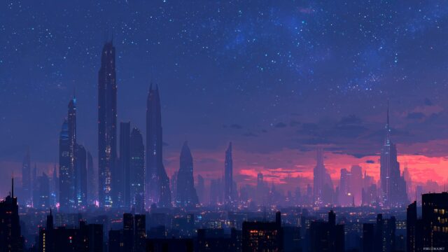 2560 X 1440 HD Wallpaper Free Download, A Futuristic City Skyline At Dusk, Glowing Lights And A Starry Sky