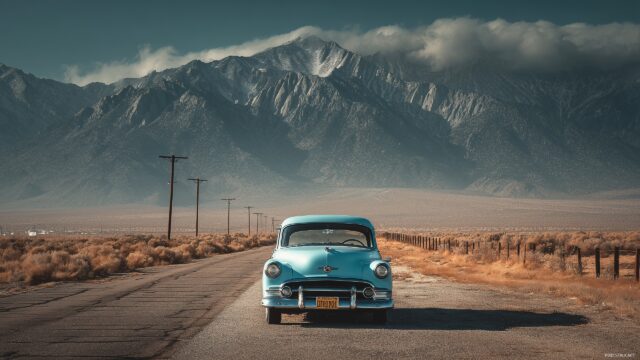 2560 X 1440 Wallpaper HD Free Download, A Vintage Car Parked On A Deserted Road With Mountains In The Background, Nostalgic Feeling