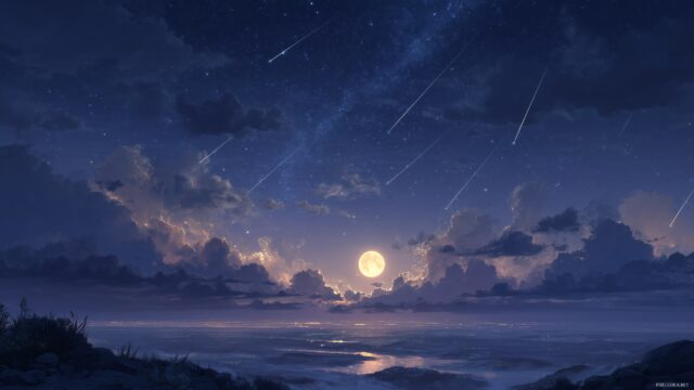 2560 X 1440 Wallpaper Free Download, A Dreamy Night Sky Filled With Shooting Stars And A Bright Moon, Magical And Enchanting