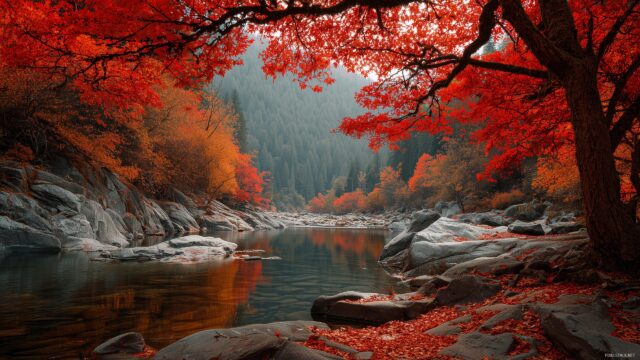 2560 X 1440 Wallpaper High Quality, A Scenic Autumn Landscape With Trees In Vibrant Red And Orange, A Calm River Nearby