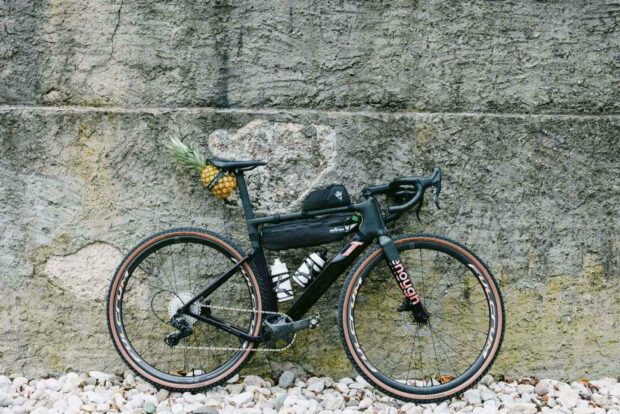 A 3T bike is parked against a textured stone wall with a pineapple attached to the saddle, HD Desktop Wallpaper