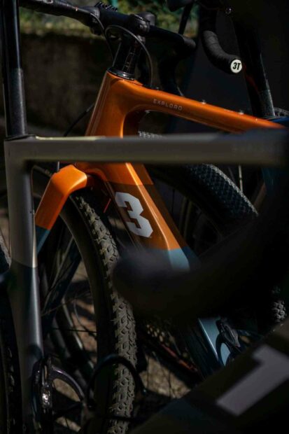 A close up of an orange 3T bike frame showing the front fork and tire, HD Mobile Wallpaper