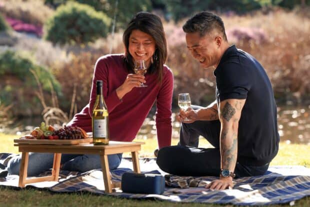 A joyful moment during a picnic with two friends enjoying wine outdoors from A Million Little Things tv series