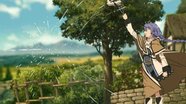 A character from Mushoku Tensei Jobless Reincarnation casting a spell in a rural setting with greenery and houses