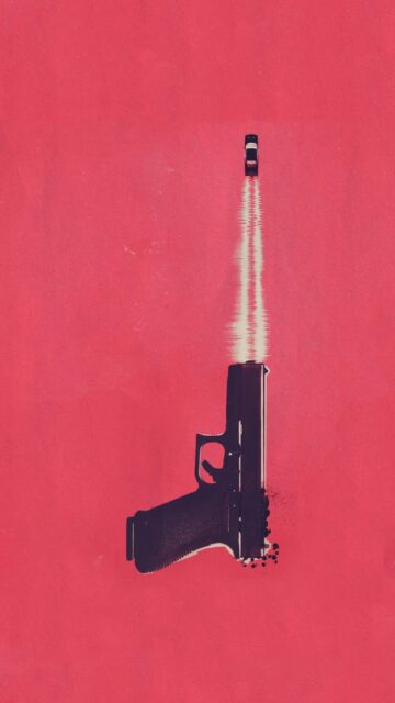 Action Themed Artwork With Gun And Car On Red Background