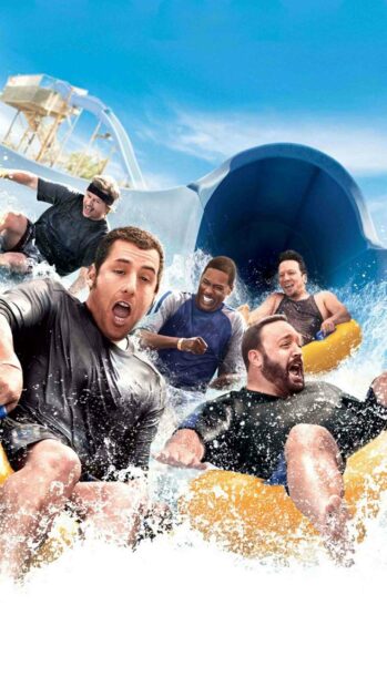 Adam Sandler and friends enjoy a thrilling ride down a water slide in a fun summer scene, 2K Phone Wallpaper