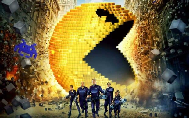 Adam Sandler and his team prepare to battle a giant pixelated yellow character in a city under attack, HD Desktop Wallpaper