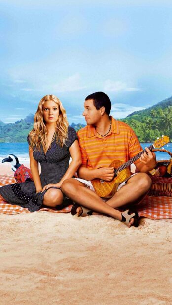 Adam Sandler is playing a ukulele while sitting next to a woman on a sandy tropical beach with mountains and ocean in the background, 2K Mobile Wallpap
