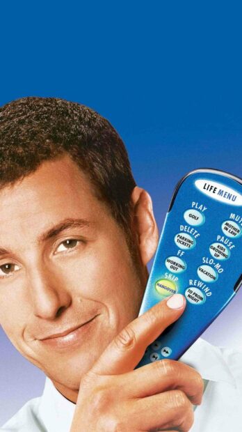 Adam Sandler holding a remote control with various life menu options, HD Mobile Wallpaper