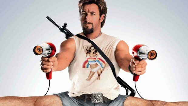 Adam Sandler holding two hair dryers with an intense expression and a weapon on his back, HD Desktop Wallpaper