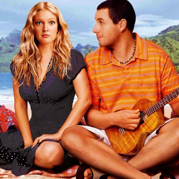 Adam Sandler plays a ukulele while sitting next to a surprised woman on a tropical beach, HD Desktop Wallpaper
